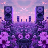 purple speakers in a field of flowers